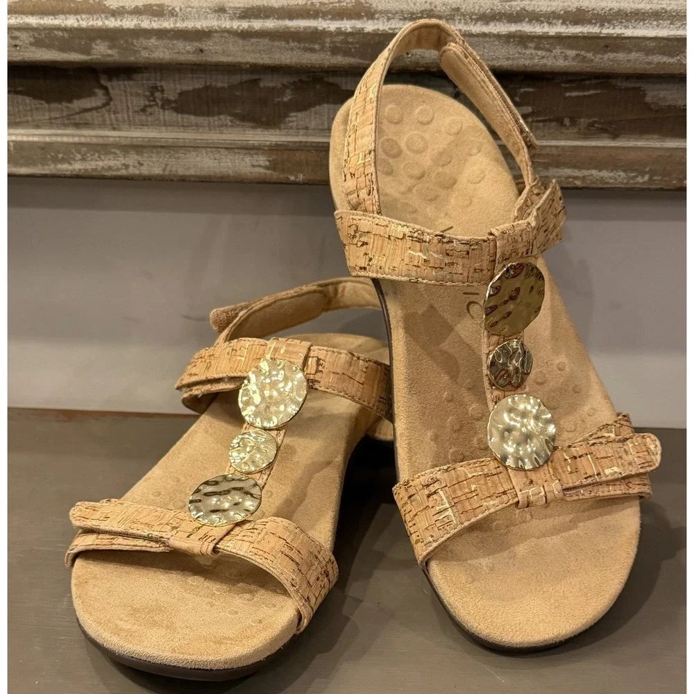 Vionic Sandals Womens Sz 7.5 Tan Cork Farra Ankle Strap Orthotic Comfort Footbed